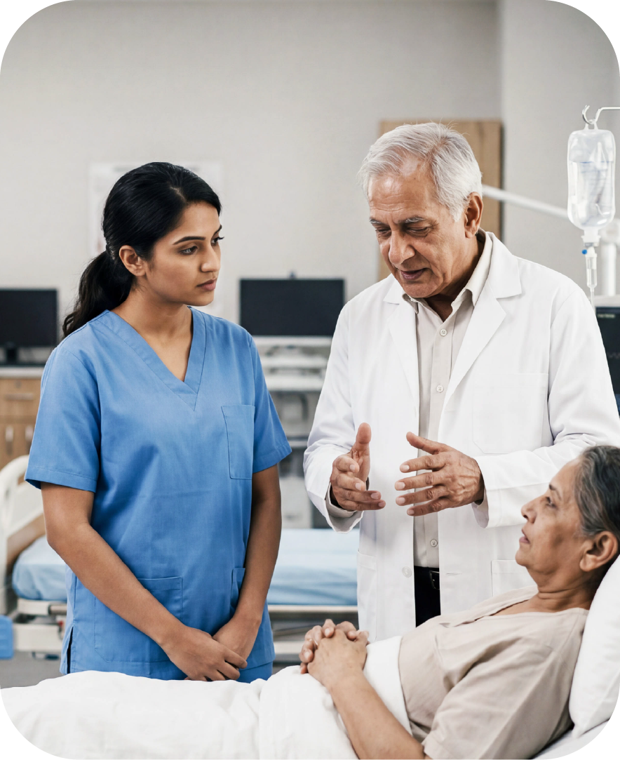 Medical students learning with a clinician